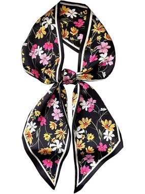 Women's Black Flower Scarves Long Skinny Silky Hair Bags Scarf